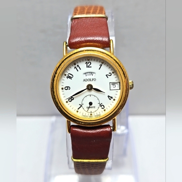 Womens Adolfo Watch Day Date Gold Brown Croc Band New Battery 227-70220 French - Picture 1 of 11